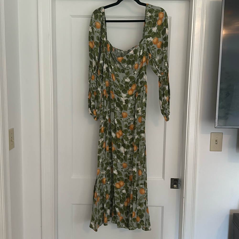 Square neck Reformation midi dress with Orange print